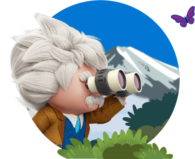 Einstein character looking through binoculars.