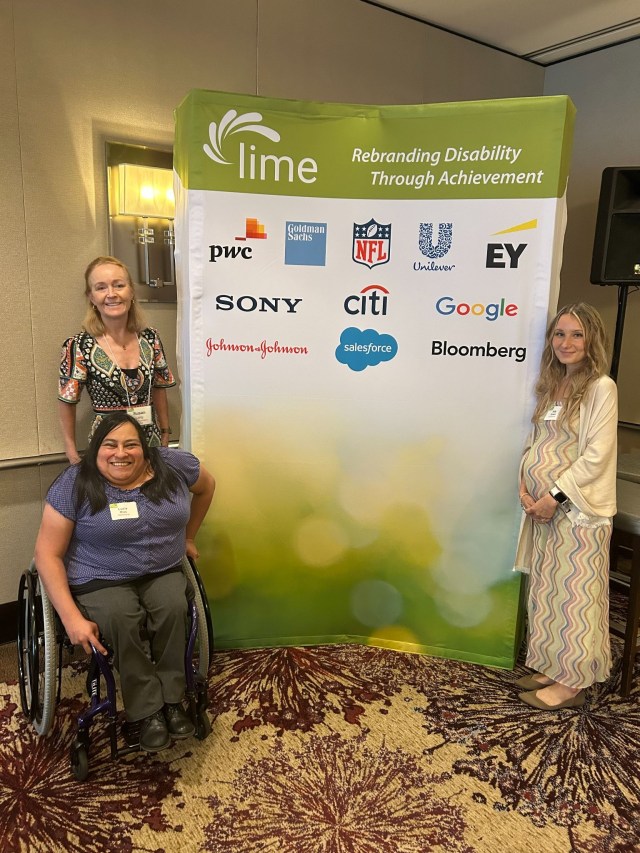 [ALT TEXT: Left to right: Lime Connect Connect CEO Susan Lang, Workforce Navigators Senior Analyst Lucia Rios, and Salesforce Senior Manager for Accessibility Innovation and Workforce Programs Ally Green]
