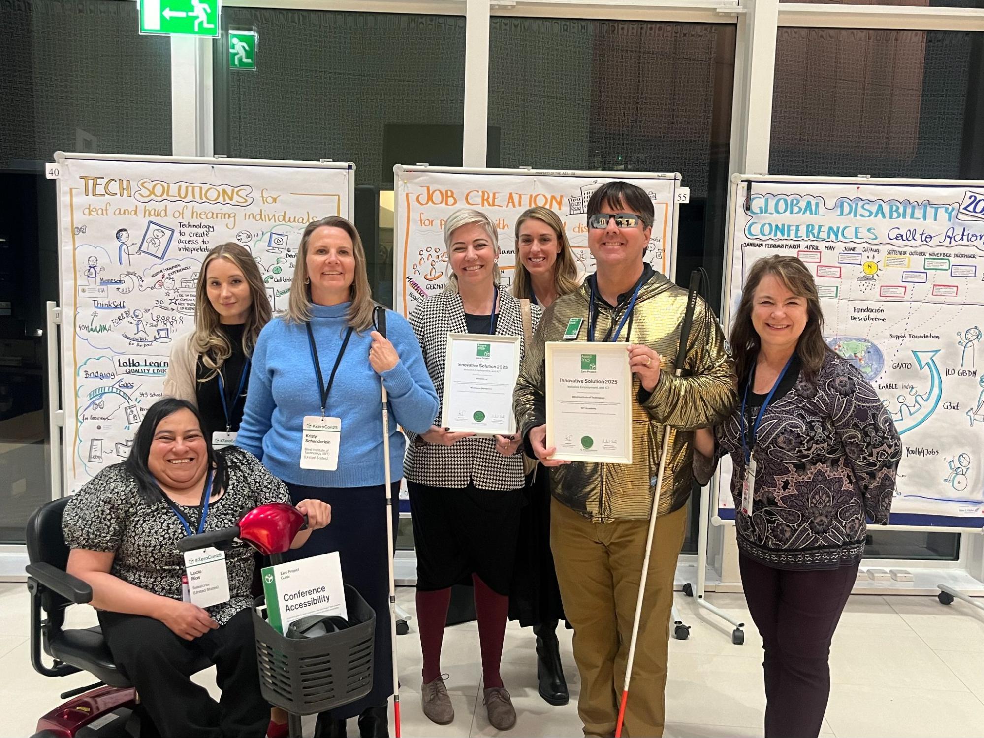 Workforce Navigators program director Lucia Rios; Senior Manager, Accessibility Innovation & Workforce Programs Ally Green; and Workforce Navigator participants.