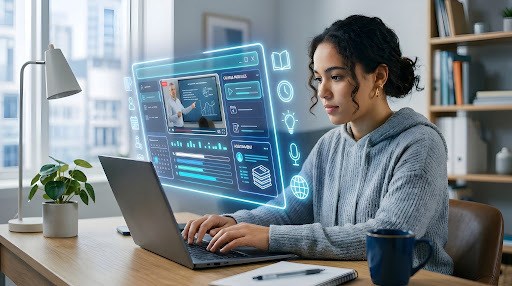 [Alt text: A woman sits at a desk with her laptop open. A blue screen floats between her and the laptop, displaying a live class, course materials, and an assessment in one place.]
